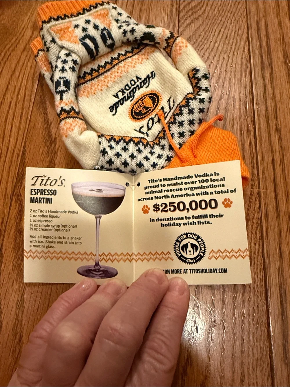 Tito's Orange & Cream Knit Hoodie Sweater bottle topper. A1